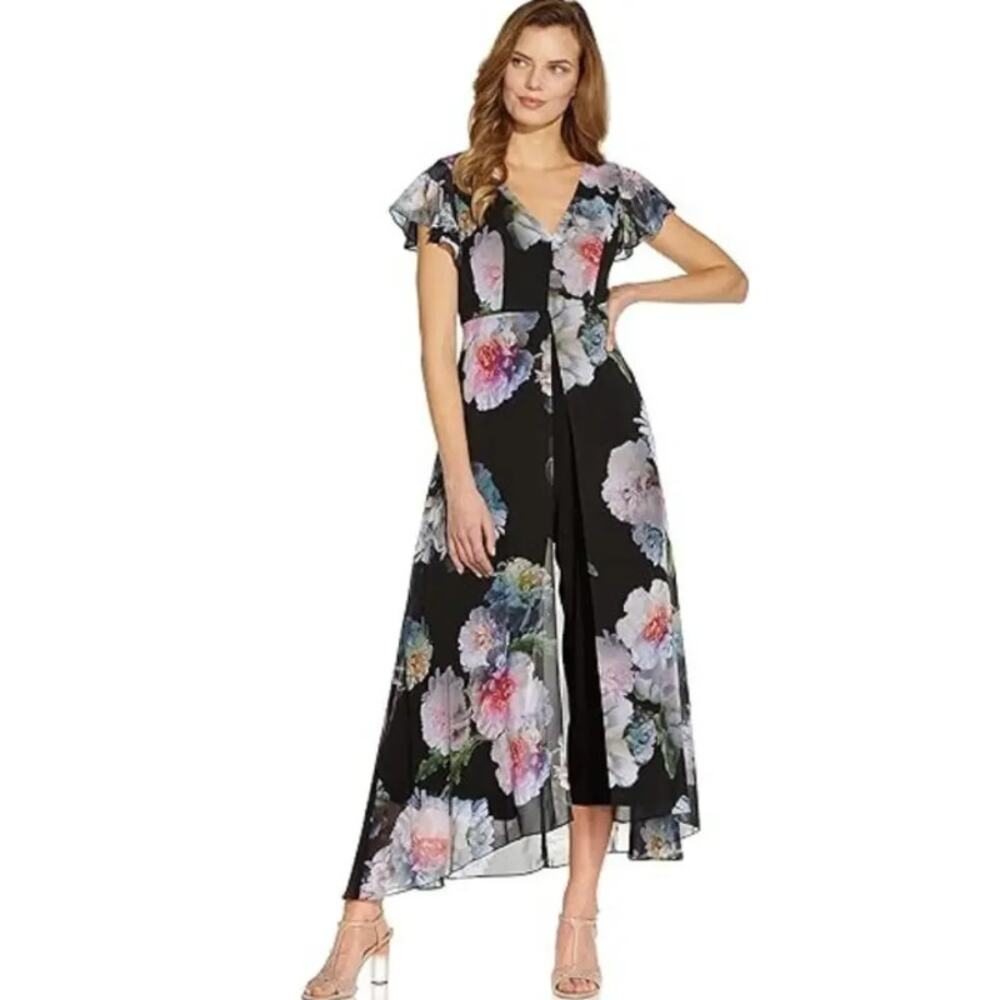 Adrianna Papell Floral Wide Leg Jumpsuit Flutter Sleeve Formal Maxi Dress Black - Picture 3 of 14
